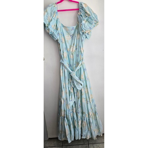 LoveShackFancy Light Blue‎ Floral Maxi Dress Puff Sleeve Cottagecore Summer - Picture 7 of 9